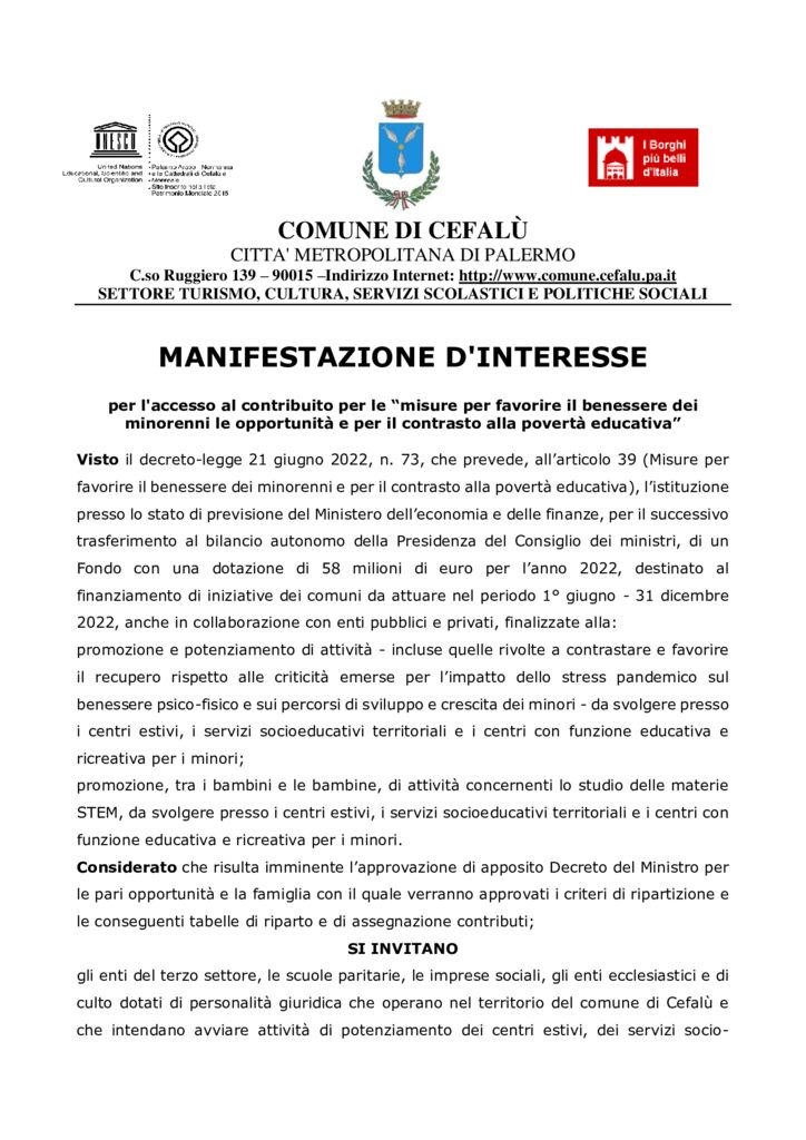 thumbnail of MANIFESTAZIONE D’INTERESSE CENTRI ESTIVI CEFALU 2022